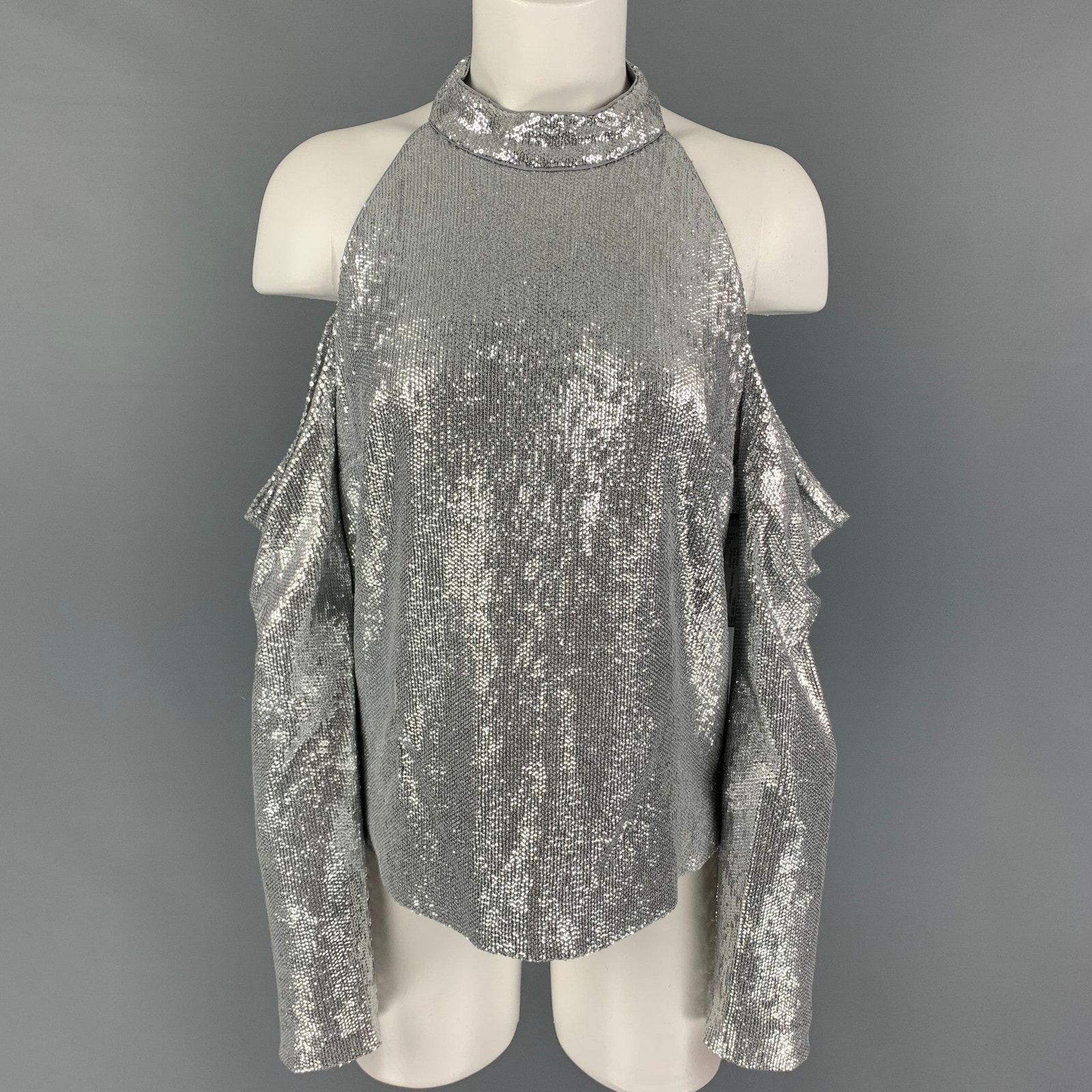 Rachel Zoe Size 8 Silver Rayon Sequined Off-Shoulder Dress Top